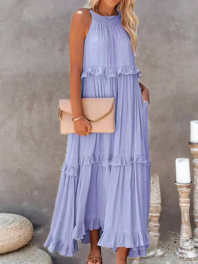 Emilia™ - Elegant Maxi Dress con Scollo a Halter e Dettagli a Volant per uno Stile Unico