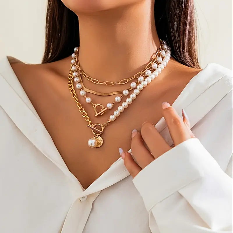 Set collana vintage con perla e catena a maglia serpente | Oro