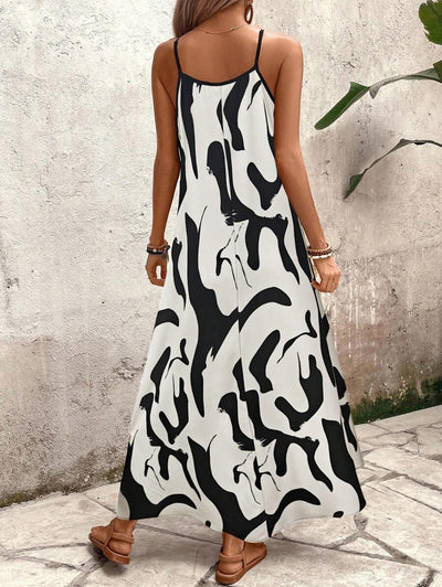 Elena | Vestito Estivo alla Moda con Spalline Sottili, Schiena Nuda e Design Grafico Accattivante