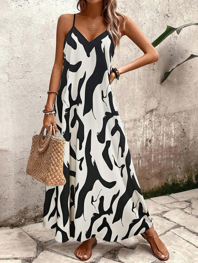 Elena | Vestito Estivo alla Moda con Spalline Sottili, Schiena Nuda e Design Grafico Accattivante