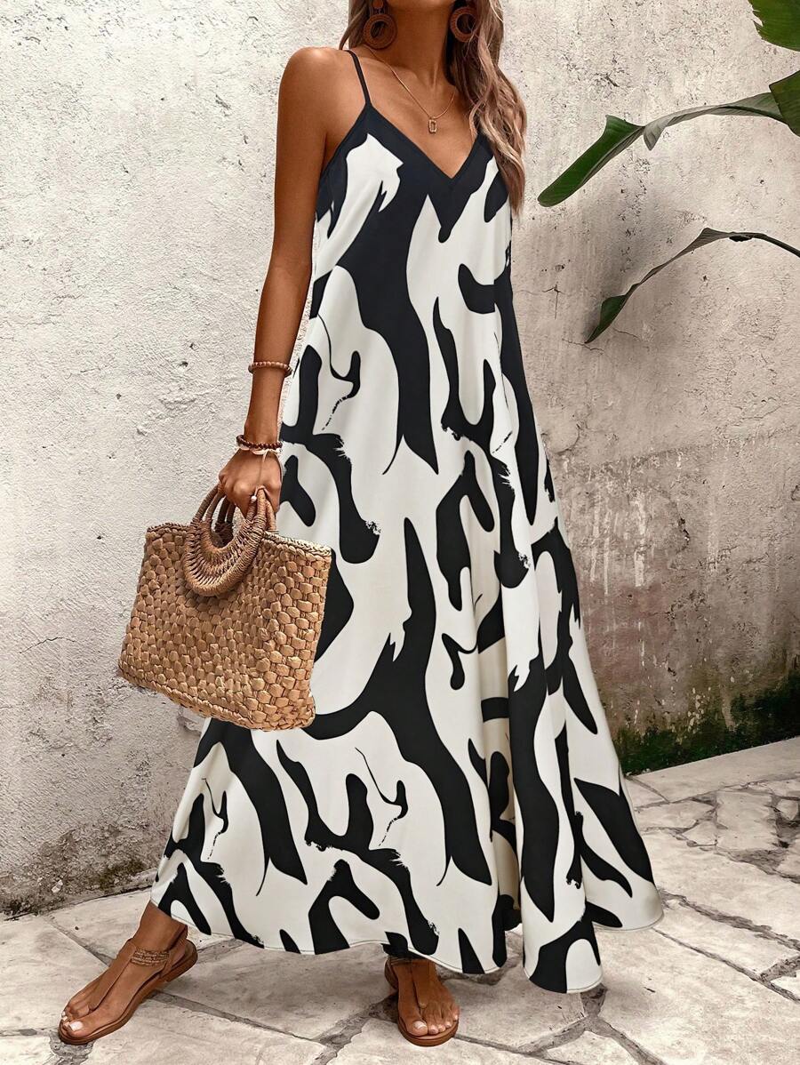 Elena | Vestito Estivo alla Moda con Spalline Sottili, Schiena Nuda e Design Grafico Accattivante