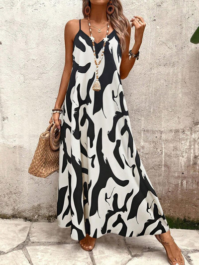 Elena | Vestito Estivo alla Moda con Spalline Sottili, Schiena Nuda e Design Grafico Accattivante