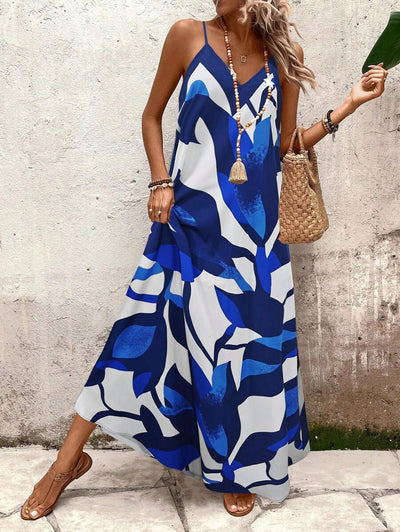 Elena | Vestito Estivo alla Moda con Spalline Sottili, Schiena Nuda e Design Grafico Accattivante