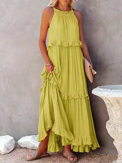 Emilia™ - Elegant Maxi Dress con Scollo a Halter e Dettagli a Volant per uno Stile Unico