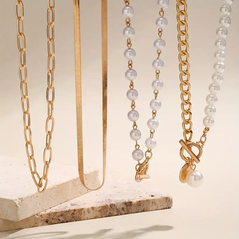 Set collana vintage con perla e catena a maglia serpente | Oro