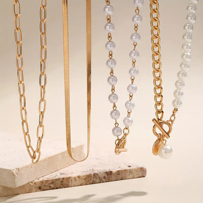 Set collana vintage con perla e catena a maglia serpente | Oro