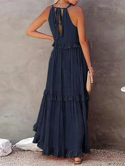Emilia™ - Elegant Maxi Dress con Scollo a Halter e Dettagli a Volant per uno Stile Unico