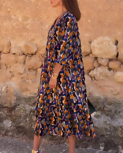 Nathalie | Elegante vestito con scollo a V e stampa retrò perfetto per ogni occasione