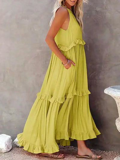 Emilia™ - Elegant Maxi Dress con Scollo a Halter e Dettagli a Volant per uno Stile Unico