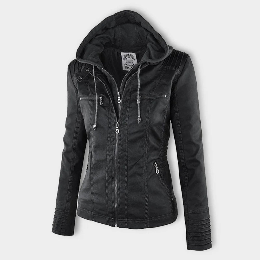 Selina - Giacca impermeabile chic con cappuccio in pelle per donne