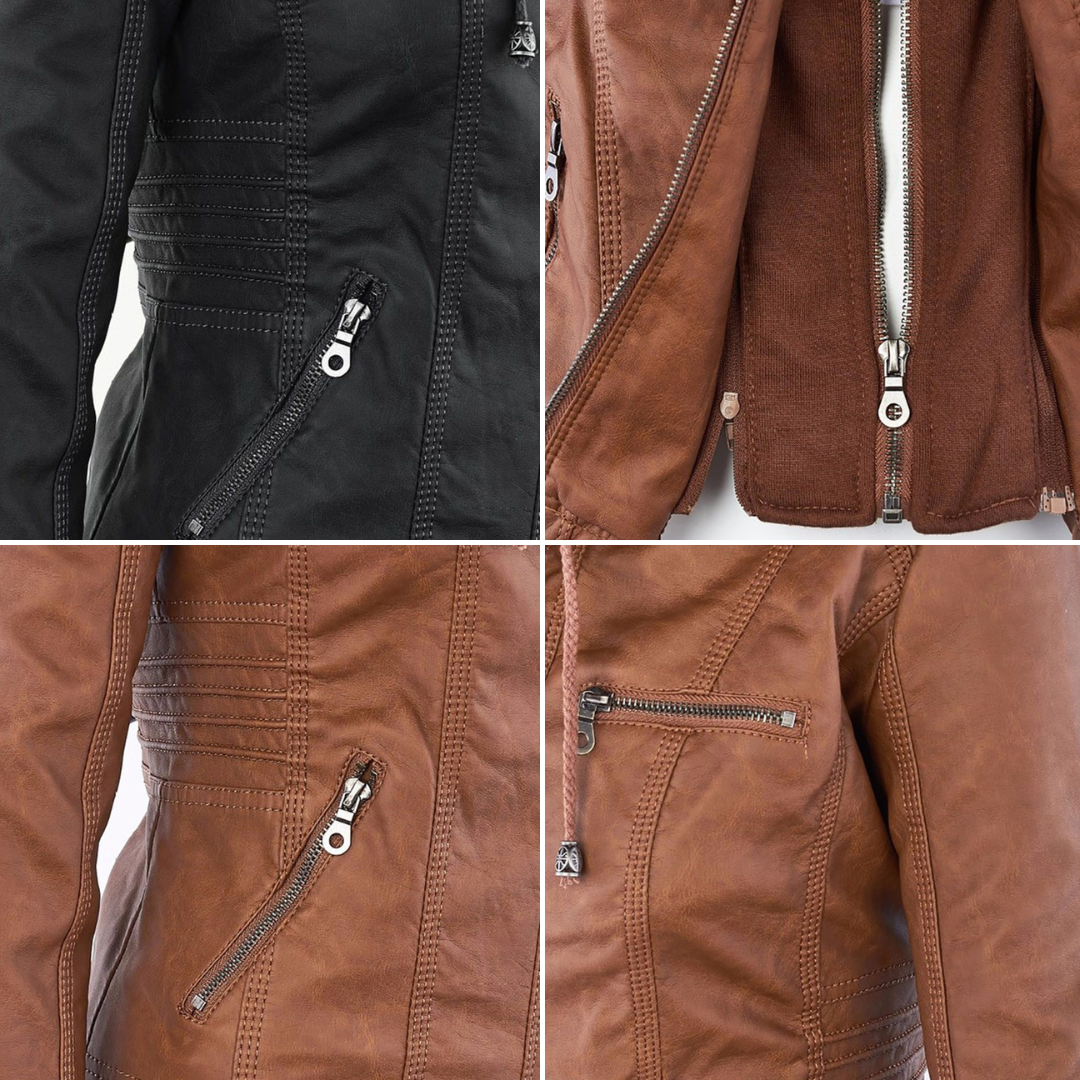 Selina - Giacca impermeabile chic con cappuccio in pelle per donne