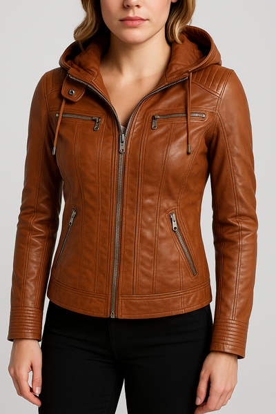 Selina - Giacca impermeabile chic con cappuccio in pelle per donne