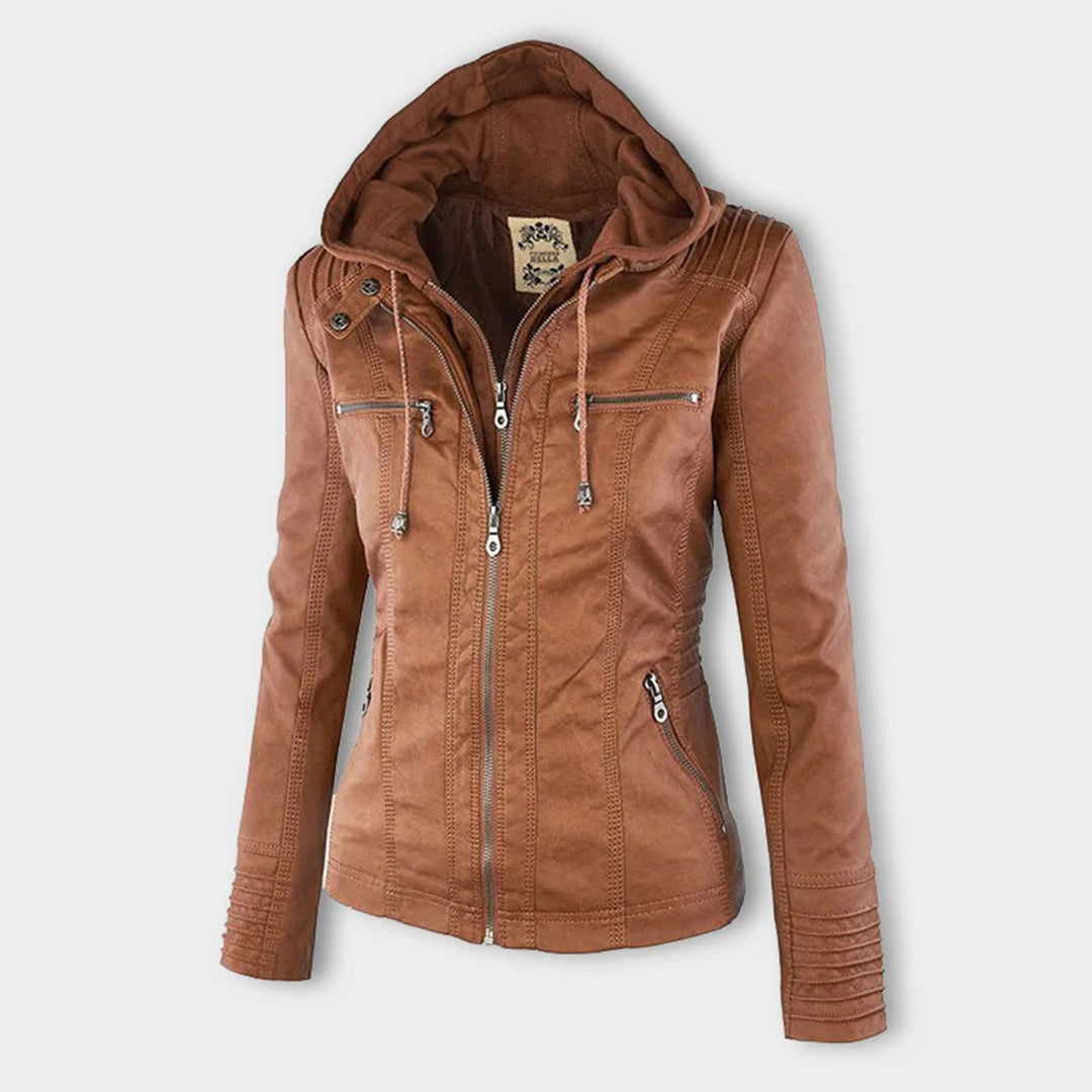 Selina - Giacca impermeabile chic con cappuccio in pelle per donne
