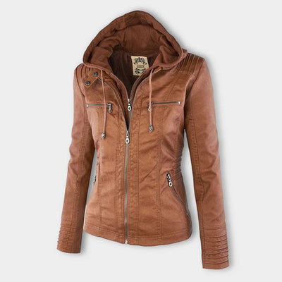 Selina - Giacca impermeabile chic con cappuccio in pelle per donne