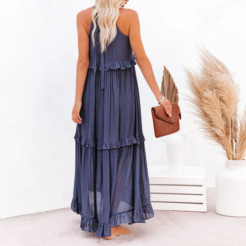 Emilia™ - Elegant Maxi Dress con Scollo a Halter e Dettagli a Volant per uno Stile Unico