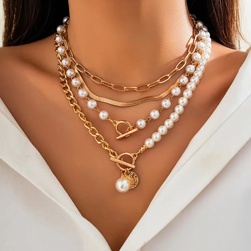 Set collana vintage con perla e catena a maglia serpente | Oro