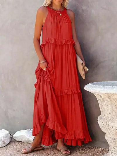 Emilia™ - Elegant Maxi Dress con Scollo a Halter e Dettagli a Volant per uno Stile Unico